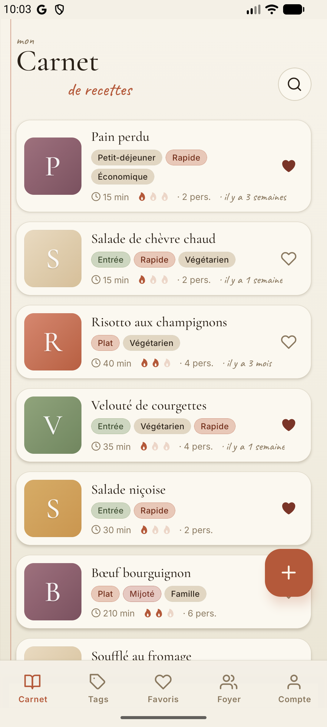 Écran d'accueil de l'application Carnet de recettes montrant un carnet de cuisine numérique