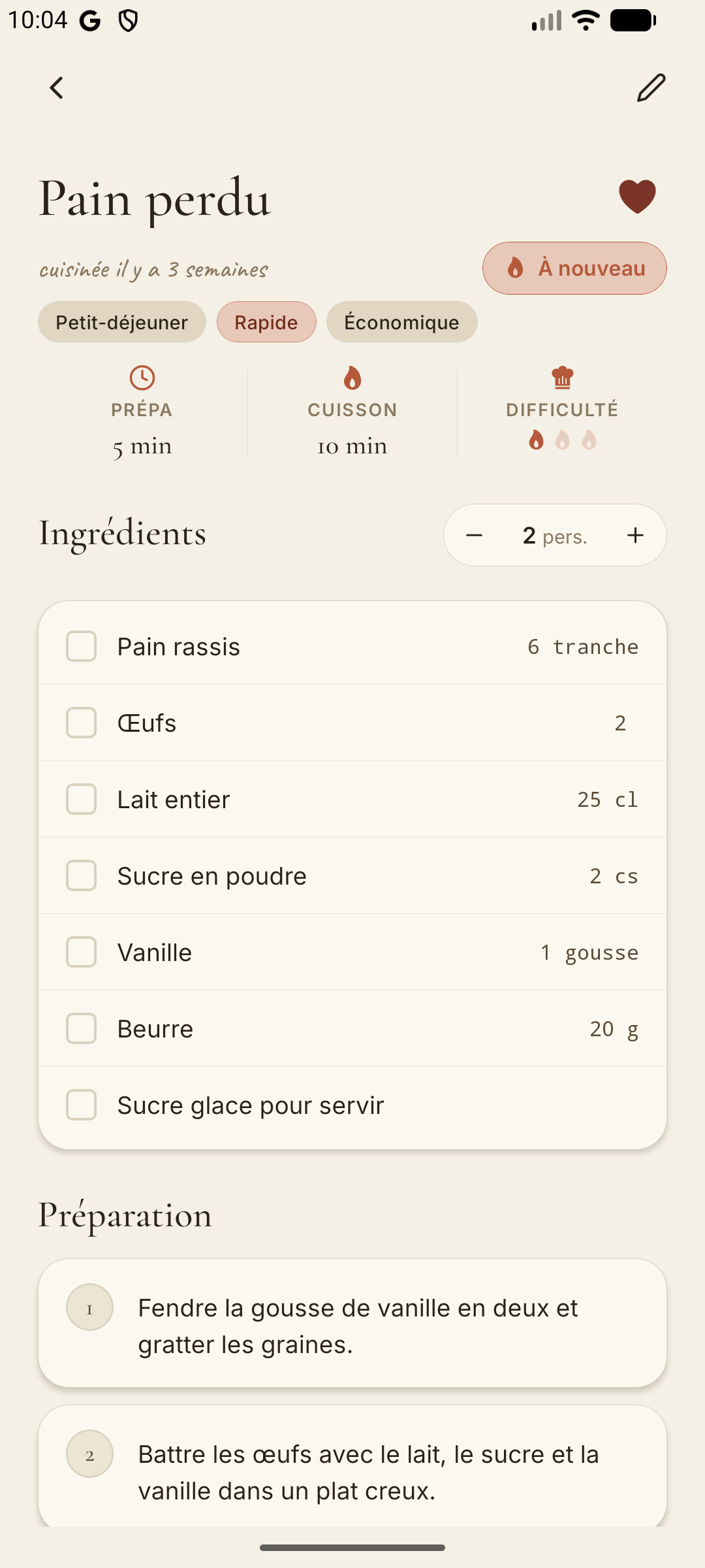Écran de détail d'une recette dans l'application Carnet de recettes